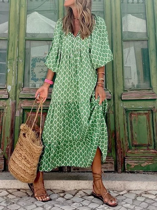 Femmes Ethnique Vert Col Rond Confortable Robe Maxi Décontracté