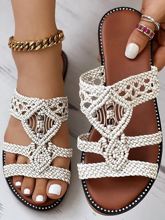 Sandales Antidérapantes Femmes Boho Plain Été Toit ouvert PU Tressé PU Caoutchouc Tong