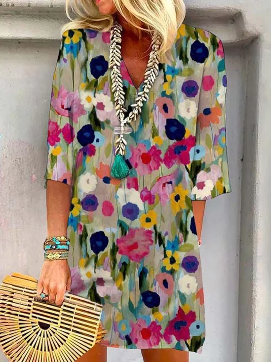 Femmes Floral Multicolore Col V Confortable Poche Couture Mini Robe Décontracté