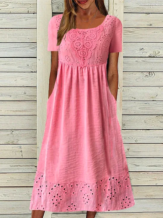 Femmes Plain Rose Rouge Col Rond Confortable Robe Maxi Décontracté