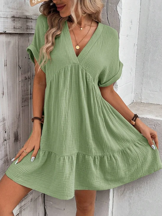 Femmes Plain Vert Col V Confortable Court Robe Décontracté