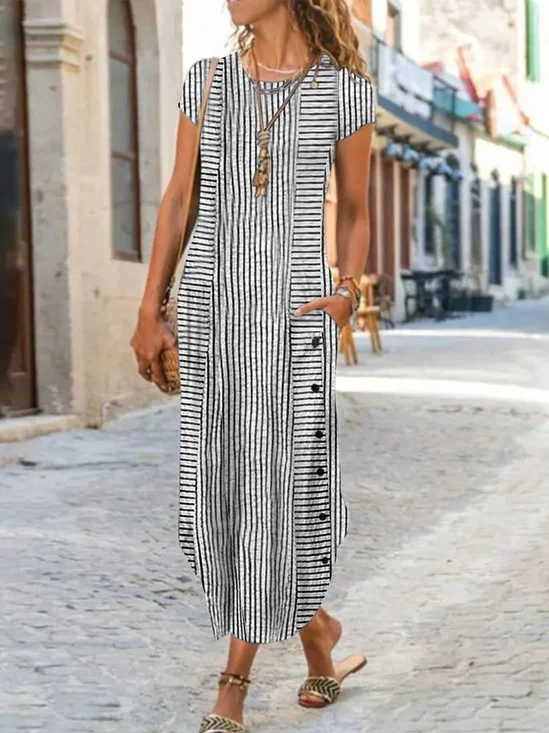 Femmes Rayé Noir Col Rond Confortable Boucle Robe Maxi Décontracté