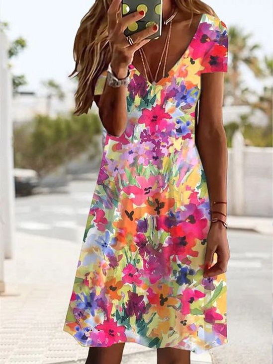 Femmes Floral Rouge Col V Confortable Court Robe Décontracté