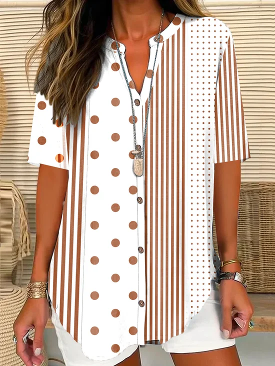 Blouses Pois Polka Décontracté Été Polyester Boutonné Quotidien Mi-long Régulier Col de Chemise pour Femmes