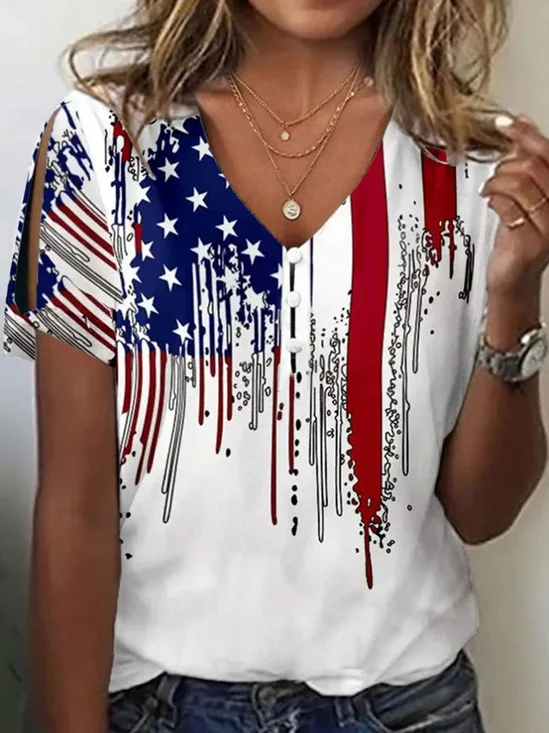 T-shirts Femmes Décontracté Été Drapeau des États-Unis Polyester Micro-élasticité Ample Manches Courtes Droit Régulier