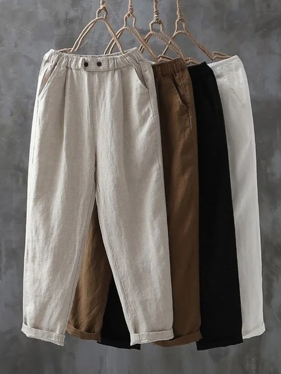 Pantalons Décontracté Plain Printemps / Automne Coton Naturel Taille Élastique Standard Régulier Poche Couture pour Femmes