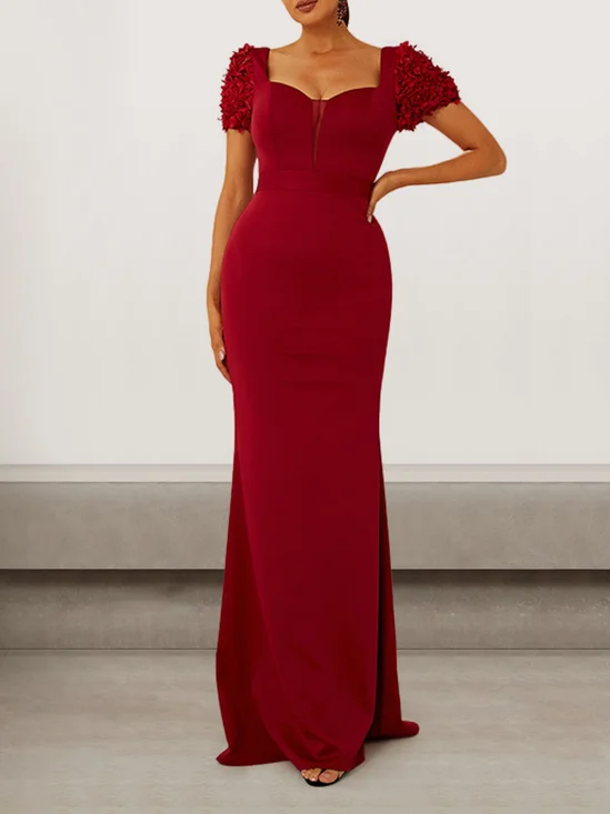 Femmes Plain Rouge Vineux Col V Confortable Robe Maxi Sexy