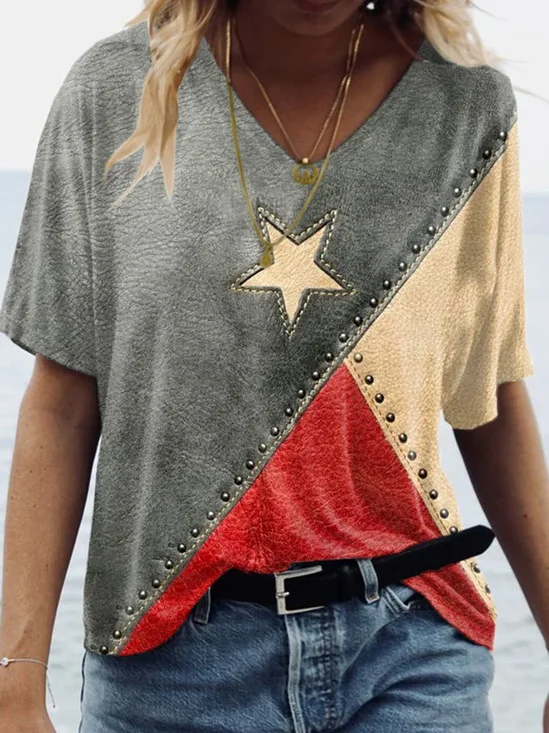 T-shirts Décontracté Été Le jour de l'indépendance (Drapeau) Col V Ample Manches Courtes Régulier Droit Régulier pour Femmes