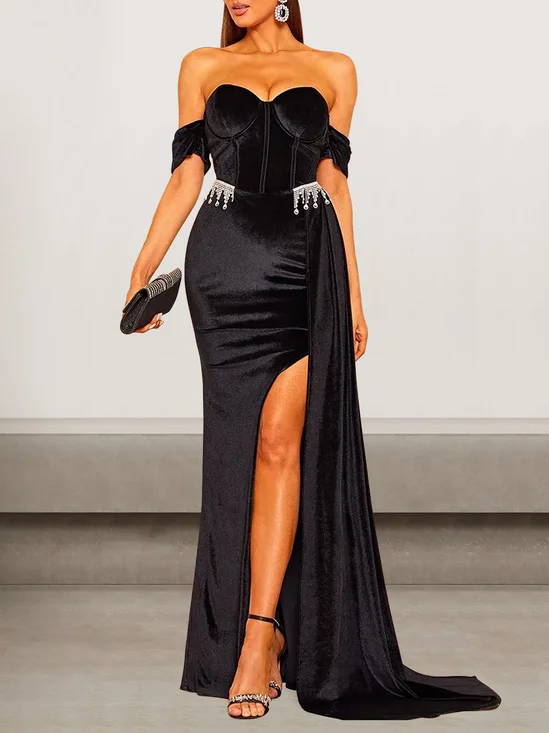 Femmes Plain Noir Sans Bretelles Confortable Robe Maxi Sexy