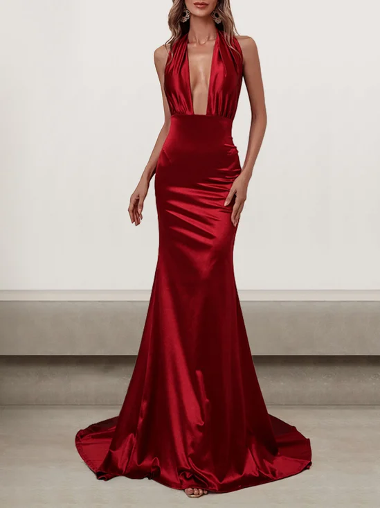 Femmes Plain Rouge Col V Confortable Robe Maxi Sexy