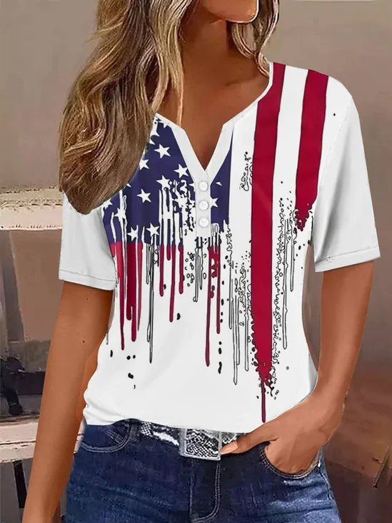 T-shirts Décontracté Été Le jour de l'indépendance (Drapeau) Polyester Micro-élasticité Quotidien Ample Entaillé Boucle pour Femmes