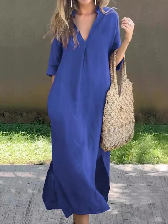 Femmes Plain Noir Col V Confortable Robe Maxi Décontracté