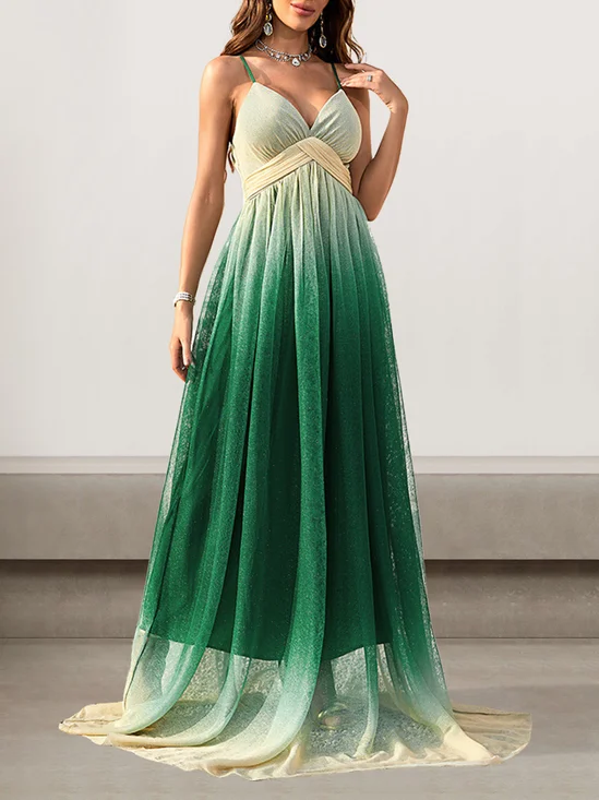 Femmes Ombre Vert Col V Confortable Robe Maxi Sexy