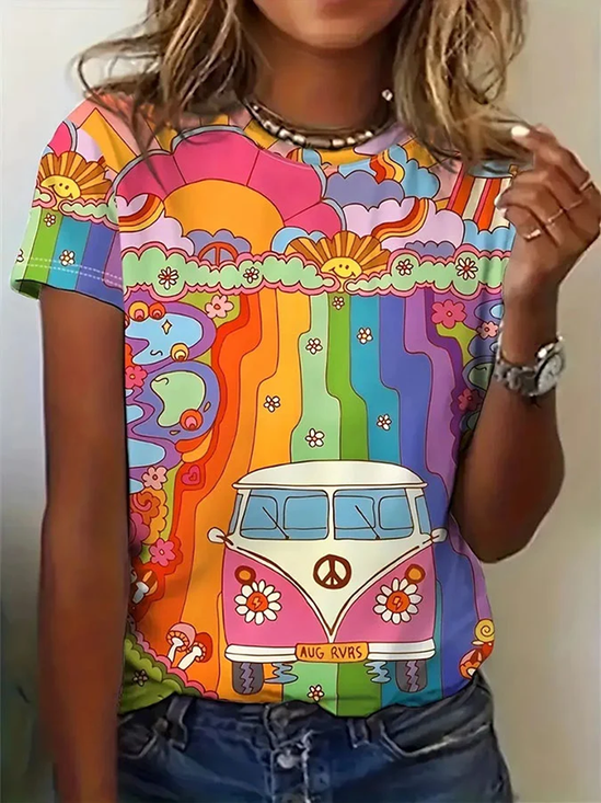T-shirts Femmes Décontracté Été de Hippie Quotidien Manches Courtes Col Rond Régulier Droit Régulier