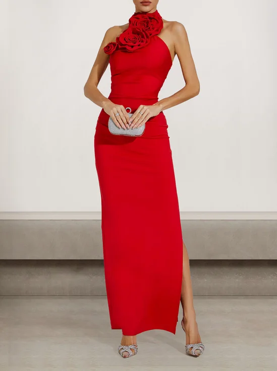 Femmes Plain Rouge Col Roulé Confortable Robe Maxi Sexy