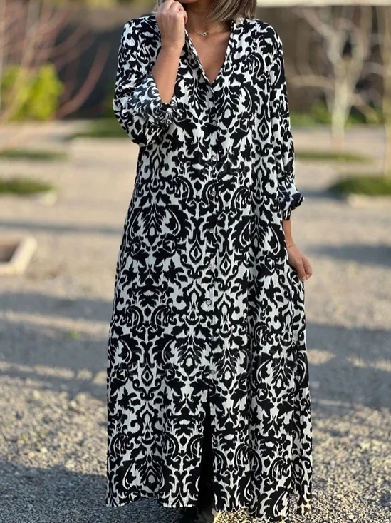 Femmes Ethnique Rouge Col de Chemise Confortable Robe Maxi Décontracté