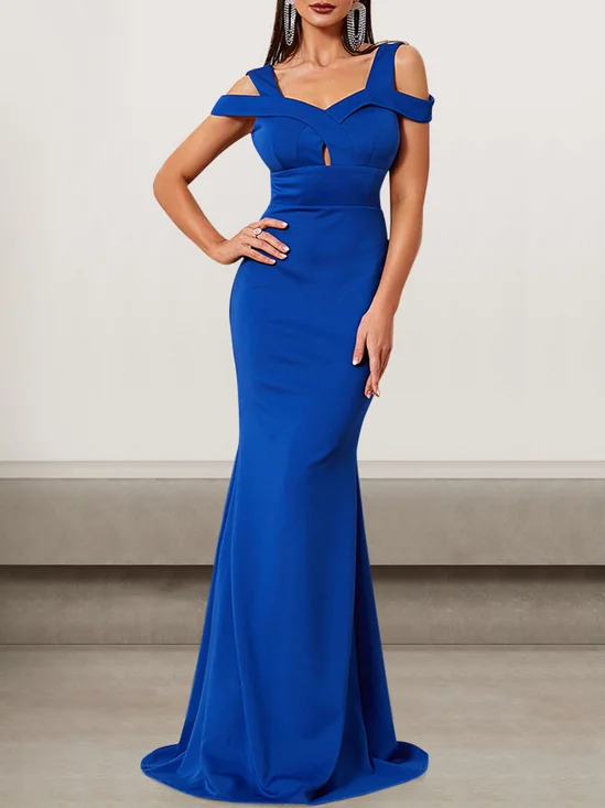 Femmes Plain Bleu Sans Bretelles Confortable Robe Maxi Sexy