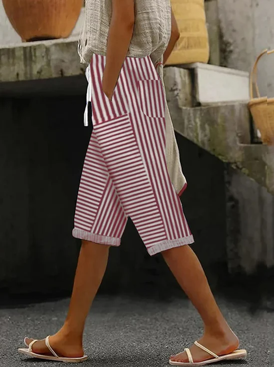 Pantalons Rayé Décontracté Été Polyester Naturel Aucune élasticité Pantalon droit Régulier Cinquième pantalon pour Femmes