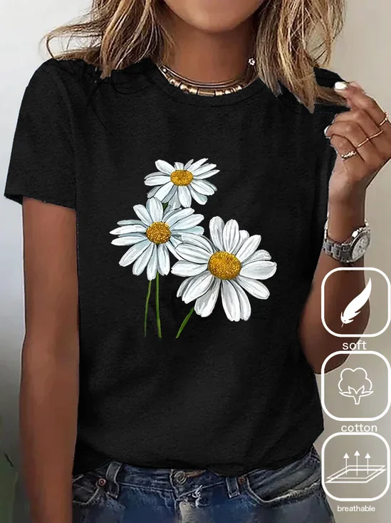T-shirts Femmes Décontracté Été Marguerite Coton Quotidien Ample Manches Courtes Droit Élasticité moyenne