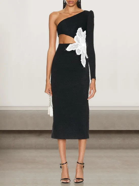 Femmes Plain Noir Une Épaule Dénudée Confortable Robe Mi-Longue Sexy