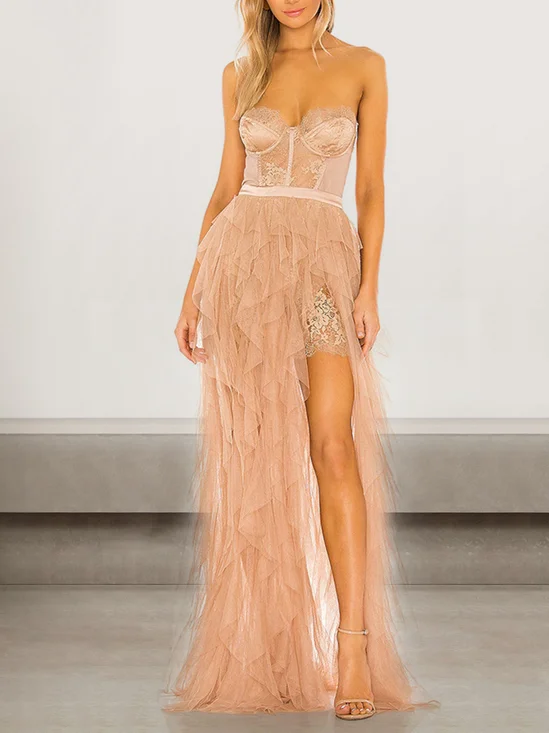 Femmes Plain Rose Sans Bretelles Confortable Robe Maxi Sexy