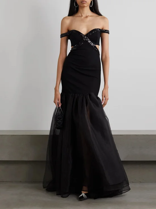 Femmes Plain Noir À Épaules Dénudées Confortable Robe Maxi Sexy