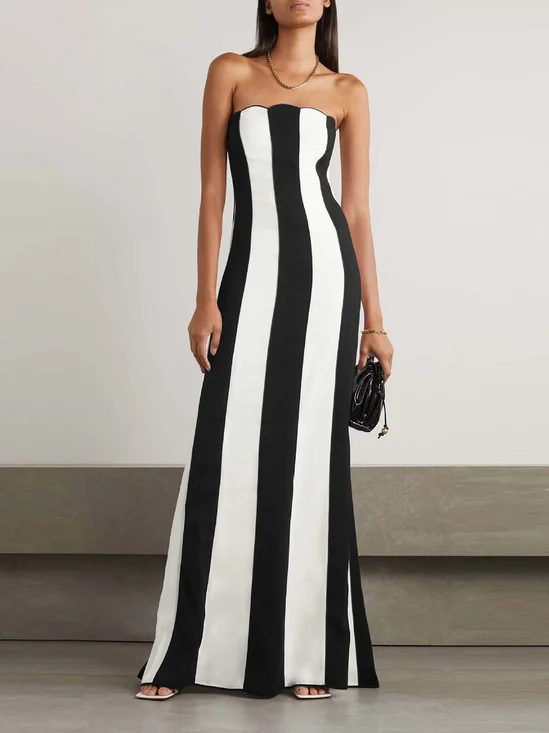 Femmes Rayé Noir Sans Bretelles Confortable Robe Maxi Sexy