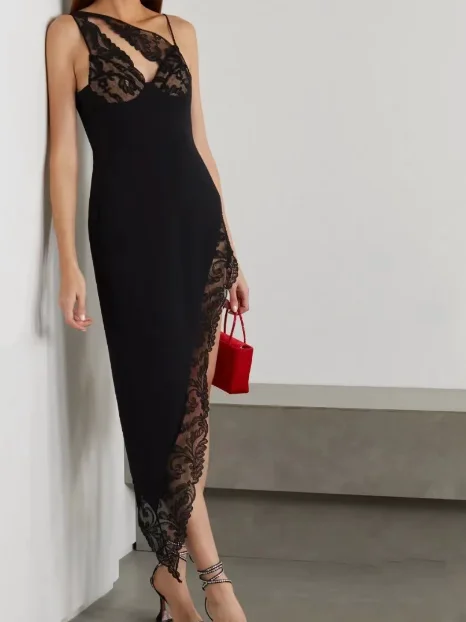 Femmes Plain Noir Une Épaule Dénudée Confortable Robe Maxi Sexy