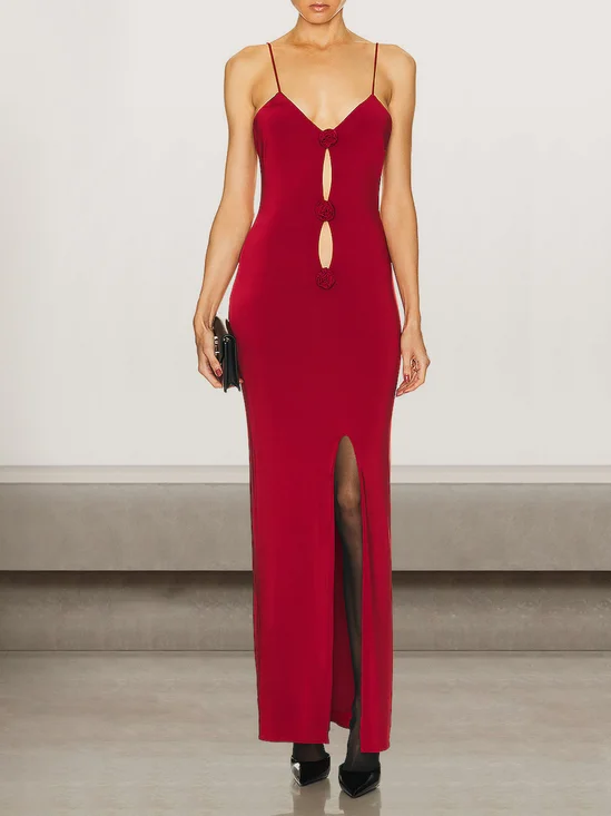 Femmes Plain Rouge Col V Confortable Robe Maxi Sexy