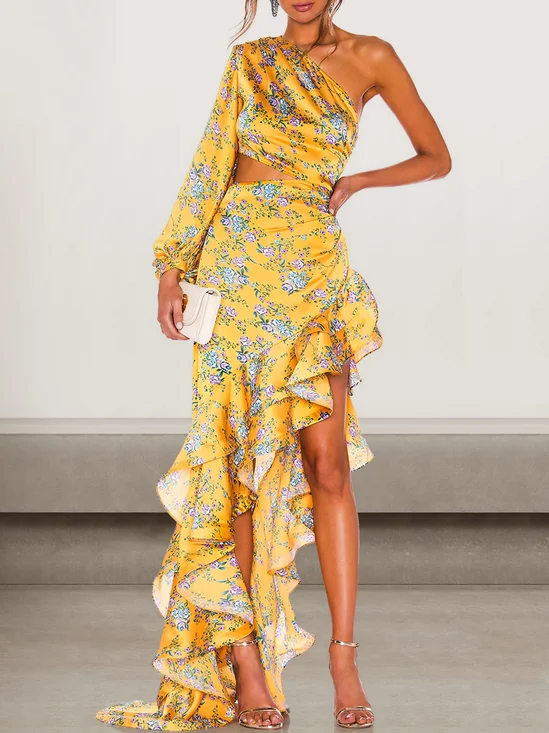 Femmes Floral Or Une Épaule Dénudée Confortable Robe Maxi Sexy
