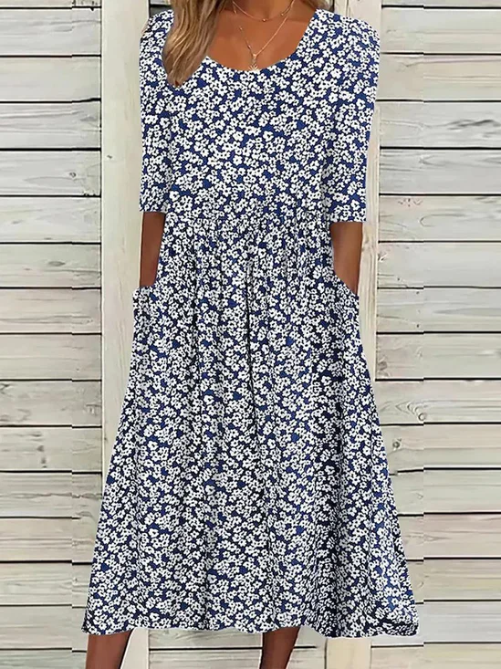 Femmes Petites fleurs Bleu Col Rond Confortable Robe Mi-Longue Décontracté
