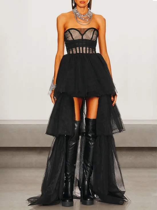 Femmes Plain Noir Sans Bretelles Confortable Robe Maxi Sexy