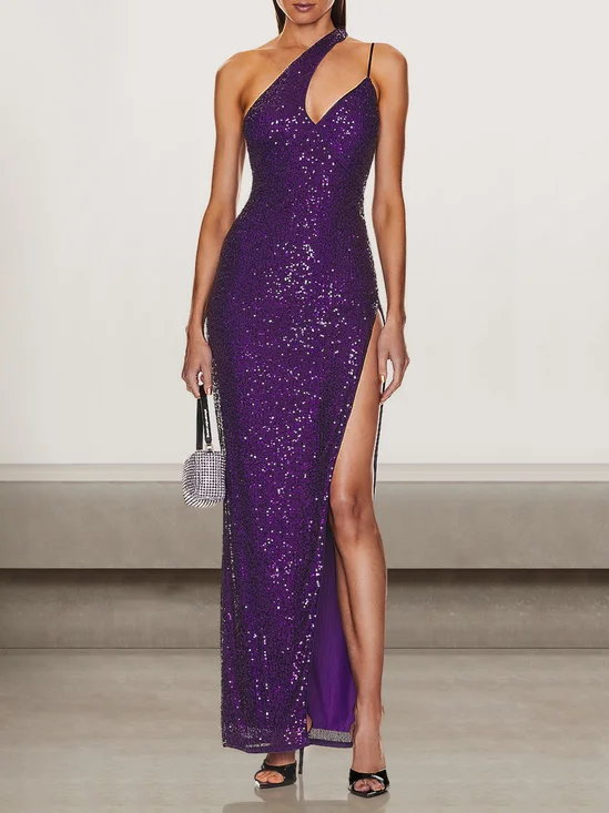 Femmes Floral Violet Une Épaule Dénudée Confortable Robe Maxi Sexy
