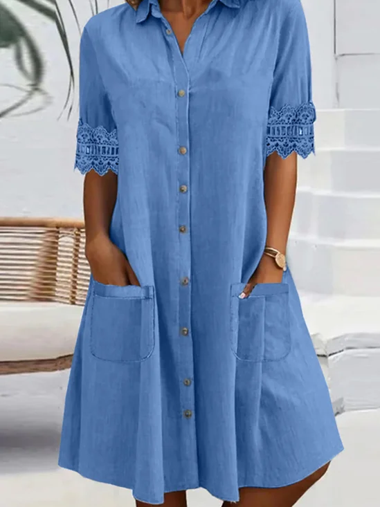 Femmes Plain Bleu Col de Chemise Confortable Dentelle Court Robe Décontracté