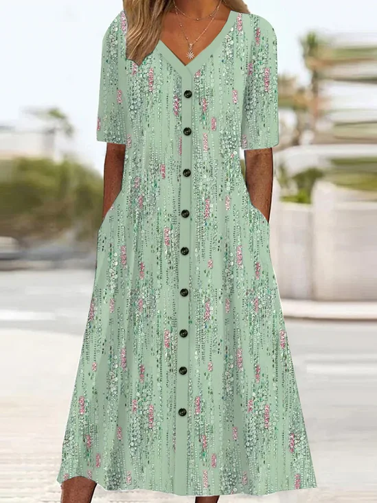 Femmes Floral Vert Col V Confortable Robe Mi-Longue Décontracté