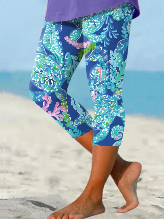 Pantalons De Yoga Décontracté Été océan Motif Polyester Micro-élasticité Serré Corsaire Legging Régulier pour Femmes