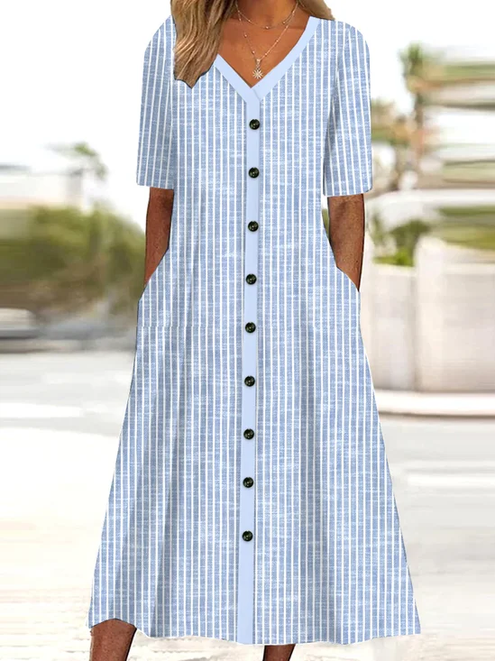 Femmes Rayé Bleu Col V Confortable Boucle Robe Mi-Longue Décontracté