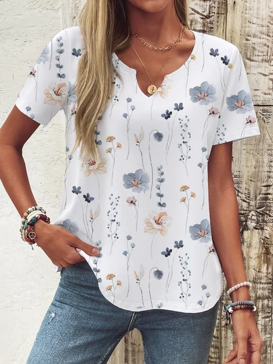 T-shirts Décontracté Floral Été Polyester Manches Courtes Entaillé Régulier Droit Régulier pour Femmes