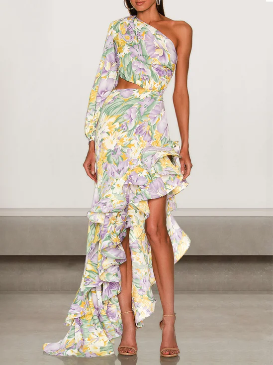 Femmes Floral Blanc-Jaune Une Épaule Dénudée Confortable Robe Maxi Sexy