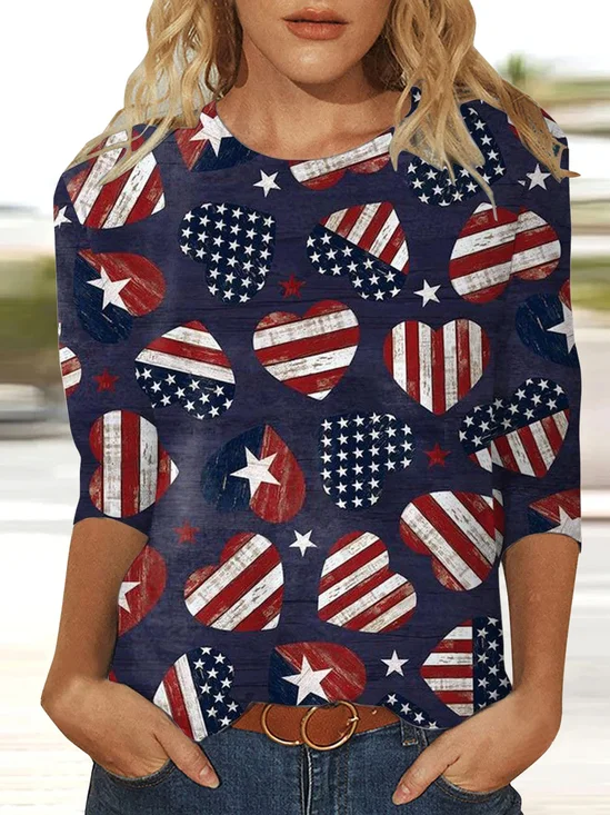 T-shirts Femmes Décontracté Été Drapeau des États-Unis Polyester Micro-élasticité Ample Col Rond Régulier Le jour de l'indépendance