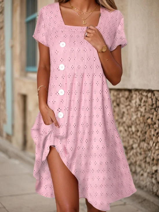 Femmes Plain Rose Col Carré Confortable Boucle Robe Mi-Longue Décontracté
