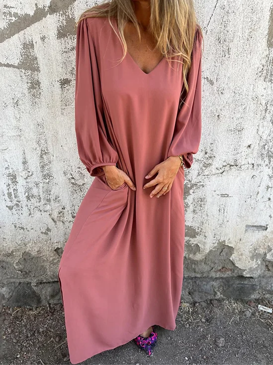Femmes Plain Rouge Col V Confortable Robe Maxi Décontracté