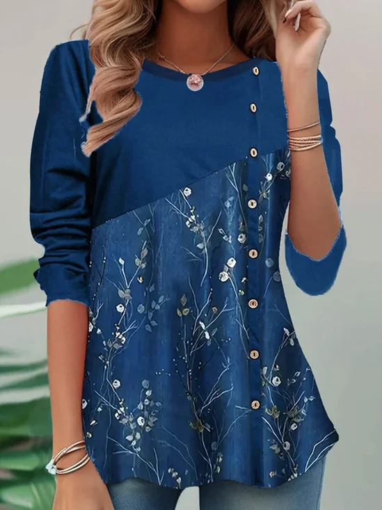 T-shirts Décontracté Floral Printemps / Automne Quotidien Ample Jersey Manches Longues Régulier Boucle pour Femmes