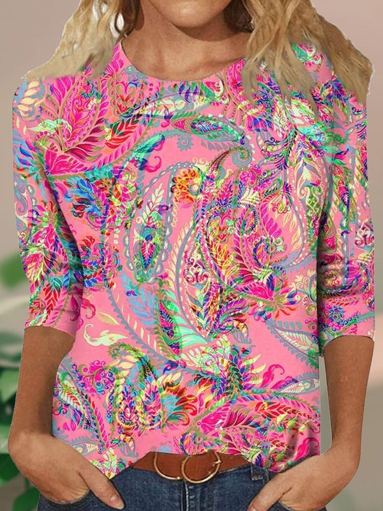 T-shirts Décontracté Ethnique Printemps / Automne Micro-élasticité Quotidien Manches trois quarts Col Rond Régulier Régulier pour Femmes
