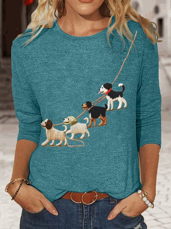 T-shirts Femmes Décontracté Printemps / Automne Chien Quotidien Col Rond en Mélangé de Coton Régulier Régulier Élasticité moyenne