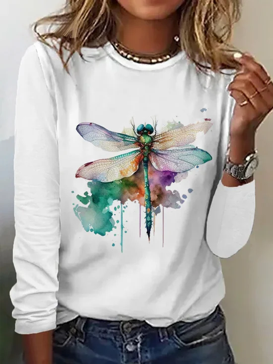 T-shirts Femmes Décontracté Printemps / Automne Libellule Quotidien Manches Longues Col Rond en Mélangé de Coton Droit Oui