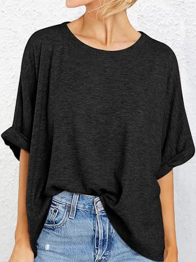 T-shirts Décontracté Plain Été Micro-élasticité Ample Demi Manche Col Rond Droit Régulier pour Femmes