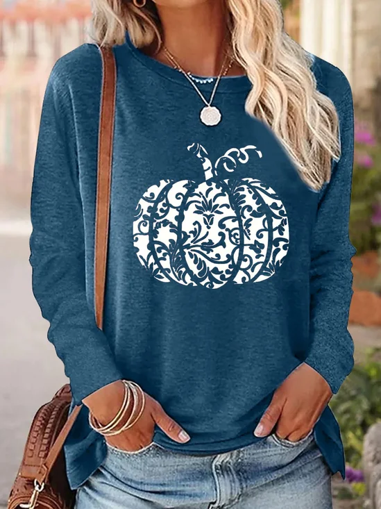 T-shirts Décontracté Printemps / Automne Motif de citrouille Ample Col Rond Régulier Droit Régulier Élasticité moyenne pour Femmes