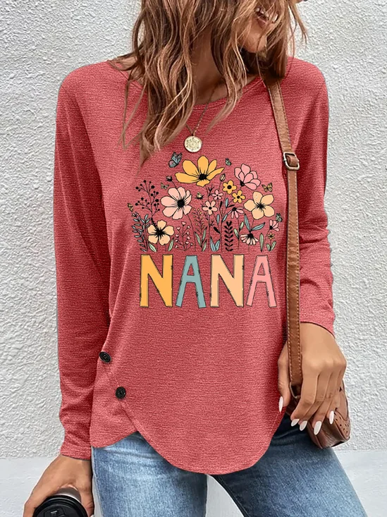 T-shirts Femmes Décontracté Floral Printemps / Automne Quotidien Meilleure vente Manches Longues en Mélangé de Coton Irrégulier Artisanat Droit
