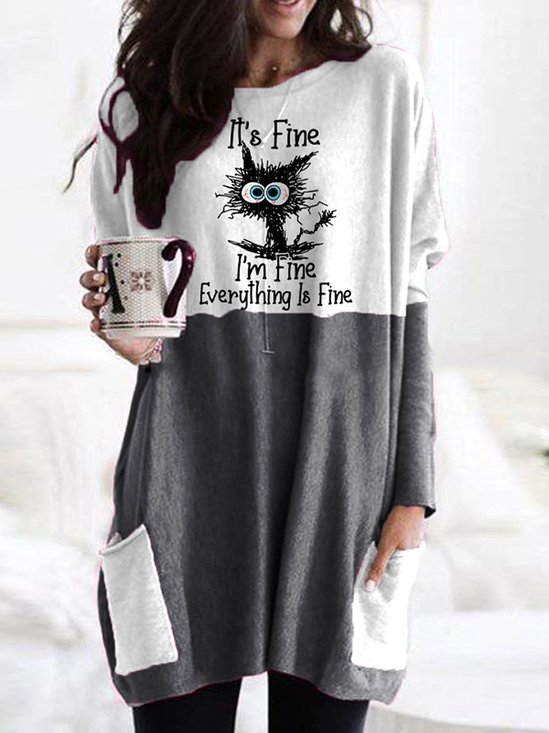 T-shirts Femmes Décontracté Printemps / Automne Chat Polyester Micro-élasticité Quotidien Mi-long Droit Poche Couture
